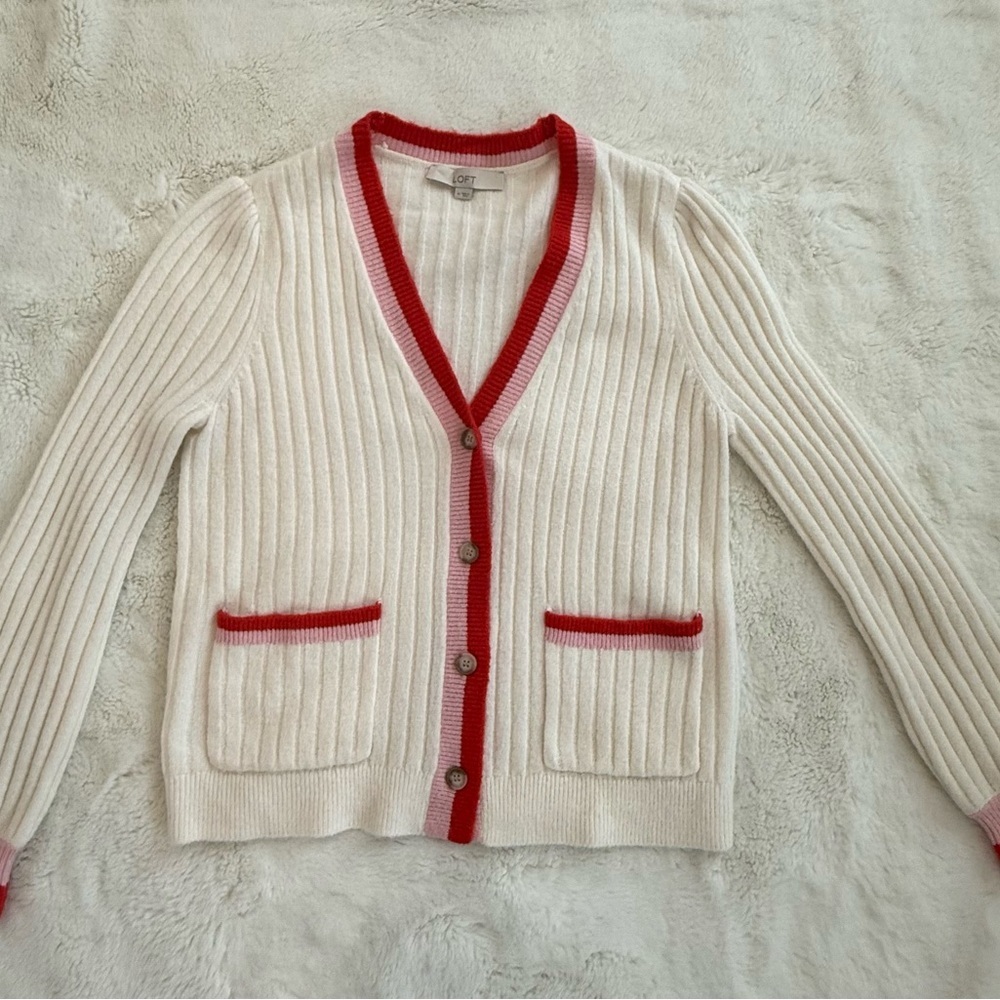 LOFT Ribbed V-Neck Cardigan Cream Pink Red/Orange Colorblock Trim Size Medium - Picture 4 of 9
